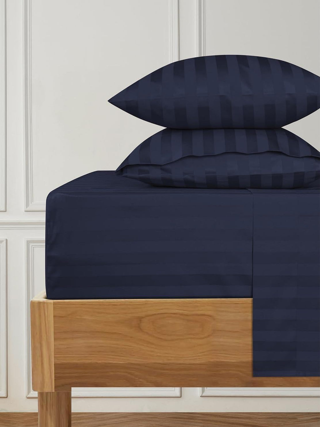 Damask Stripe RV Short Queen Size 7-Piece Duvet Cover and Bed Sheet Set 28 Inch Deep Pocket - Complete Luxury Soft 1000 Thread Count 100% Egyptian Cotton Bedding Set - Navy Blue