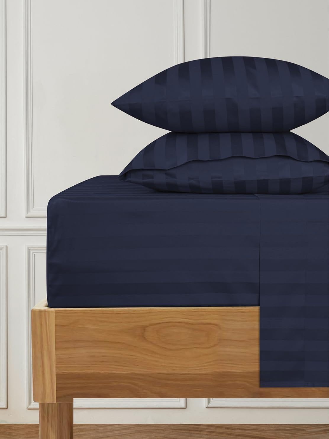 Damask Stripe Full XL Size 7-Piece Duvet Cover and Bed Sheet Set 28 Inch Deep Pocket - Complete Luxury Soft 1000 Thread Count 100% Egyptian Cotton Bedding Set - Navy Blue