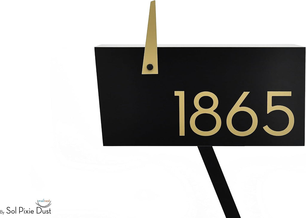 Contemporary Post-Mount Mailbox - Aluminum Black Body with Aluminum Door, Numbers and Flag - Large Customized Mailbox - Type 4 (Gold)