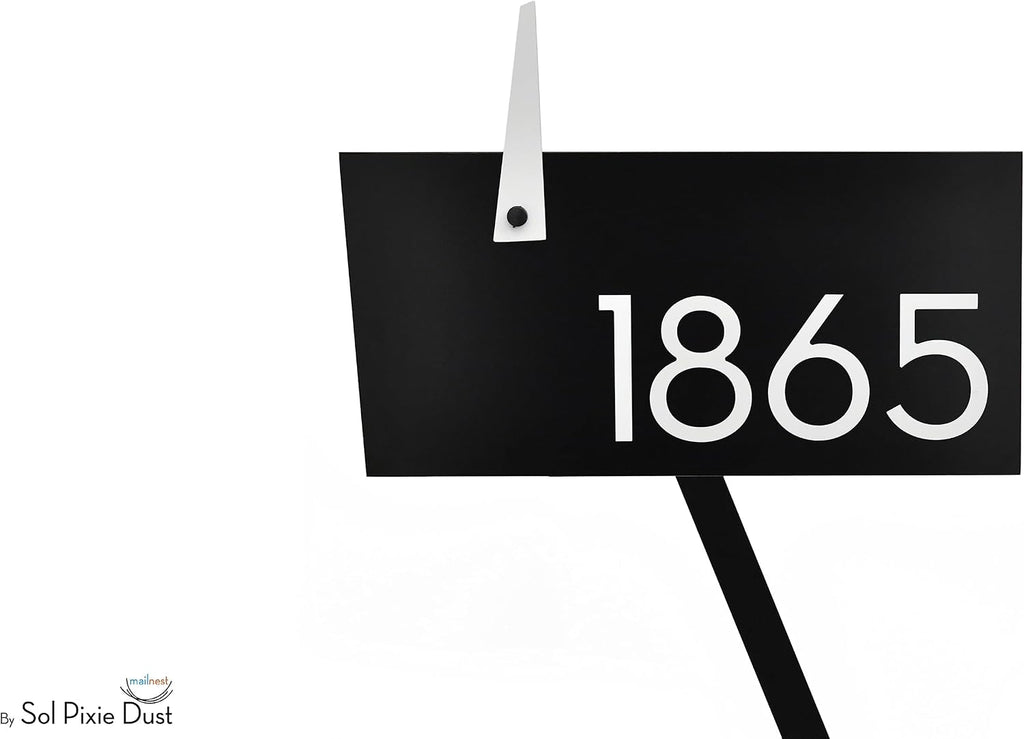 Contemporary Post-Mount Mailbox - Aluminum Black Body with Aluminum Door, Numbers and Flag - Large Customized Mailbox - Type 4 (White)