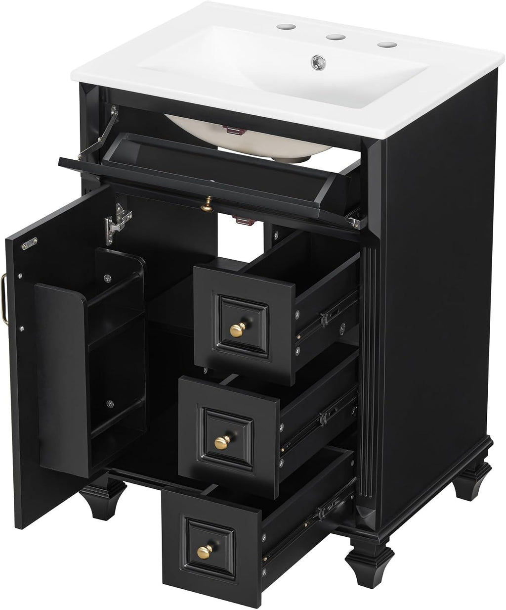 Harper & Bright Designs 24' Bathroom Vanity with Sink, Free Standing Vanity Set with Flip-Out Drawer, 3 Drawers & Storage Cabinet, Wood Bathroom Cabinet with Ceramic Basin for Bathroom, Black