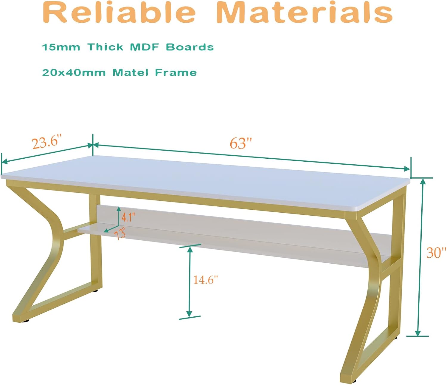 OSCHF Extra Long Desk with Bookshelf - 63' Double Long Writing Table for 2-Person Workstation, Modern Study Work Computer Desk for Home and Office, Gold