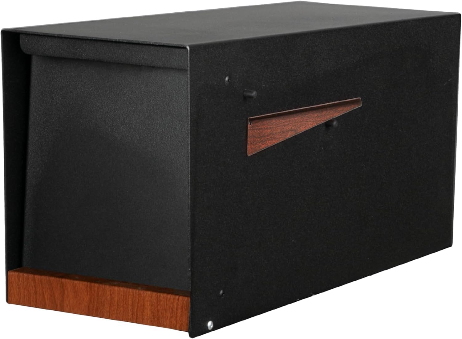 Ilyapa Modern Mailbox for Post Mount - Black Powder Coated Metal Mailbox with Printed Redwood Grain Trim - Waterproof for Parcels, Magnetic Close Door