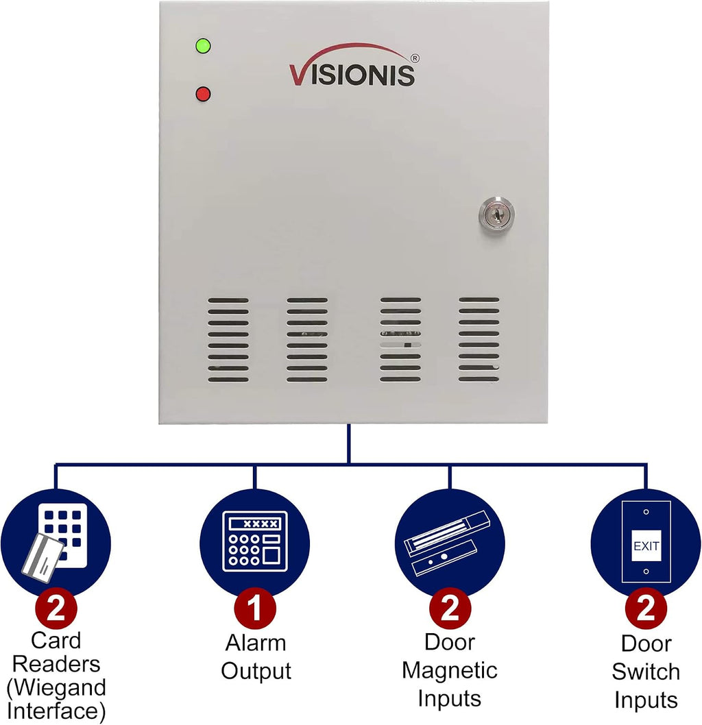 Visionis VS-AXESS-2ETL Version 2 Two Door Network Access Control System Panel Controller Board and Power Supply Cabinet for 2 Doors Security with TCP/IP Wiegand and Desktop Software 20,000 Users