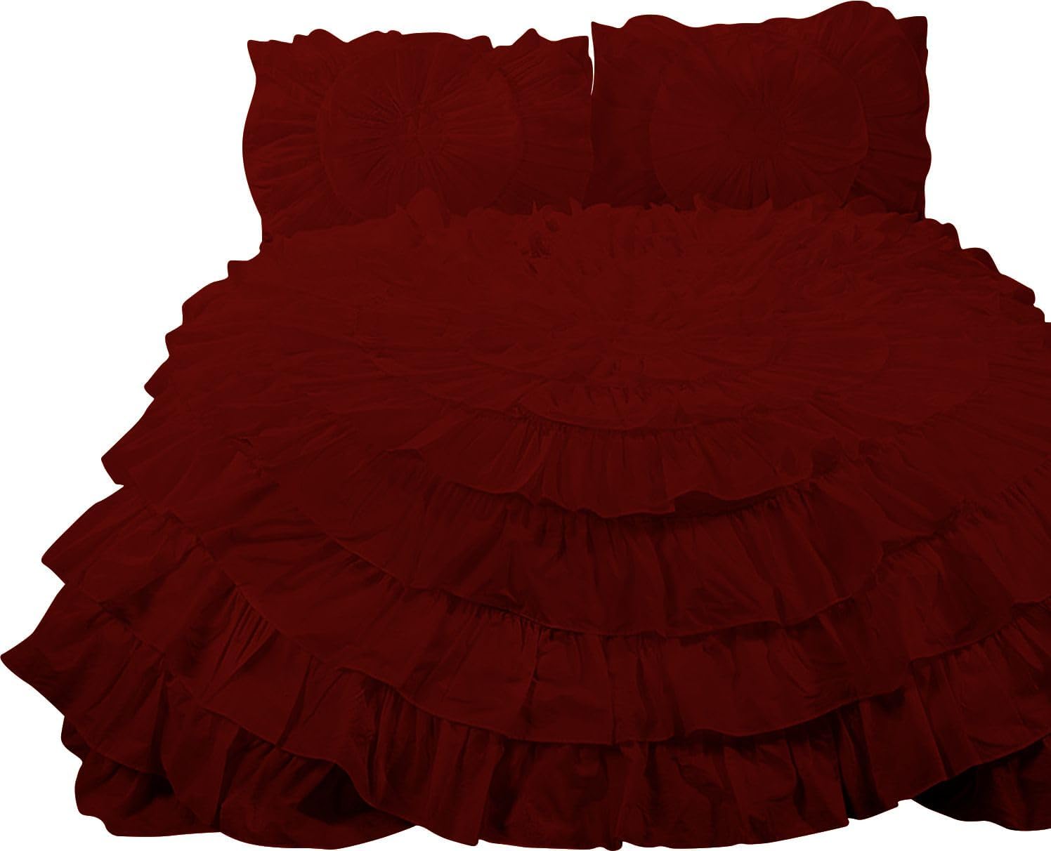 3 Piece 100% Egyptian Cotton Circle Ruffle Comforter Set, 550 GSM Filled Microfiber - Full/Queen Size, Burgundy Color - 1000 Thread Count