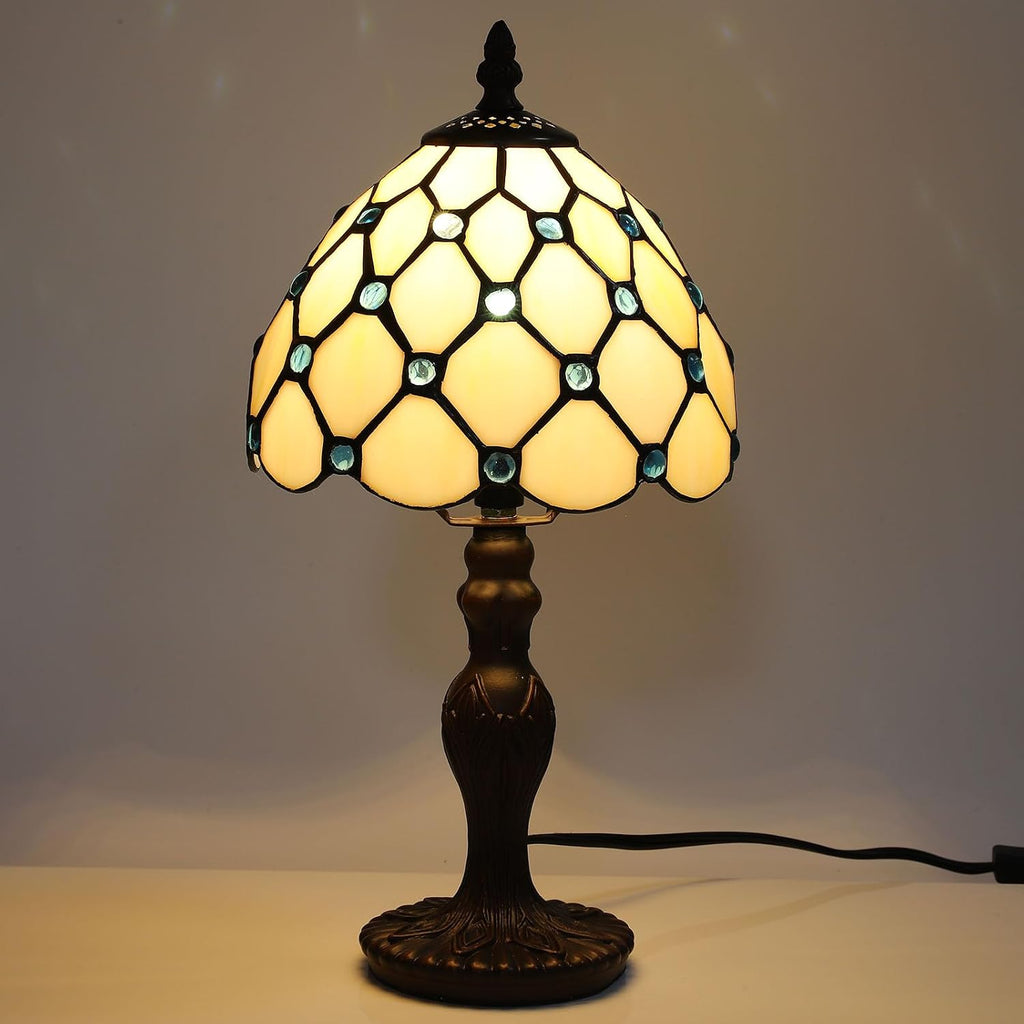 Tiffany Small Table Lamp for Living Room Blue Beads Stained Glass Bedside Nightstand Table Lamps for Bedroom Set of 2,3-Color Temperatures 8X8X15 Inch Hotel Home Office Desk Lamps