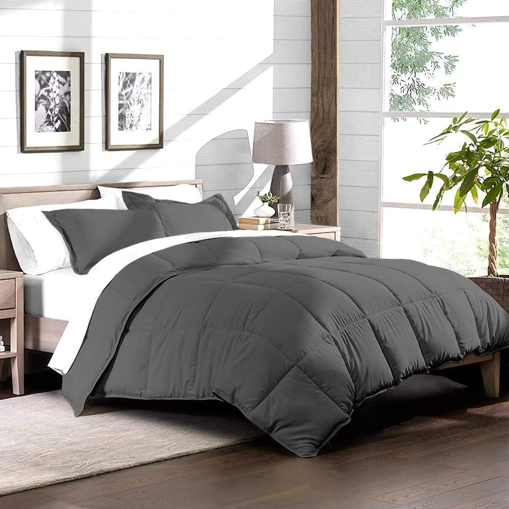 Soft 1000 TC Goose Down Alternative Egyptian Cotton Comforter Set (Comforter + 2 Pillow Cases) 400 GSM Over-Size Queen Dark Gray 98'' x 98''