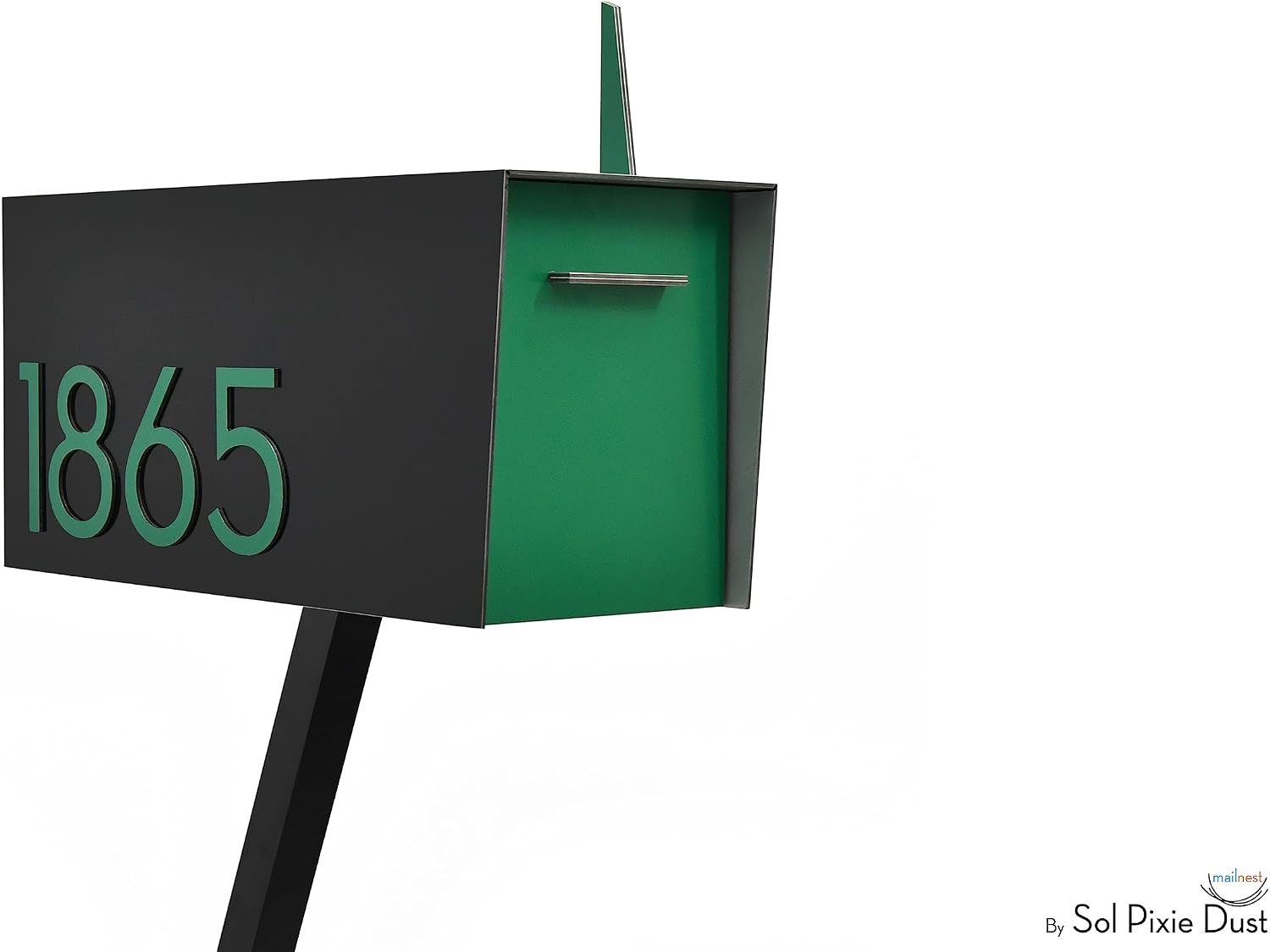 Contemporary Post-Mount Mailbox - Aluminum Black Body with Aluminum Door, Numbers and Flag - Large Customized Mailbox - Type 4 (Green)