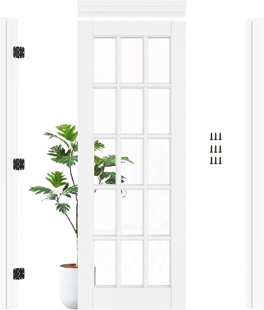 30' x 80' Prehung Door 15-Lite Tempered Clear Glass Slab Doors with Jamb Kit, Solid Core MDF Interior Door for Bathroom Pantry Laundry, Home Doors, Easy Assemble - Left Handed