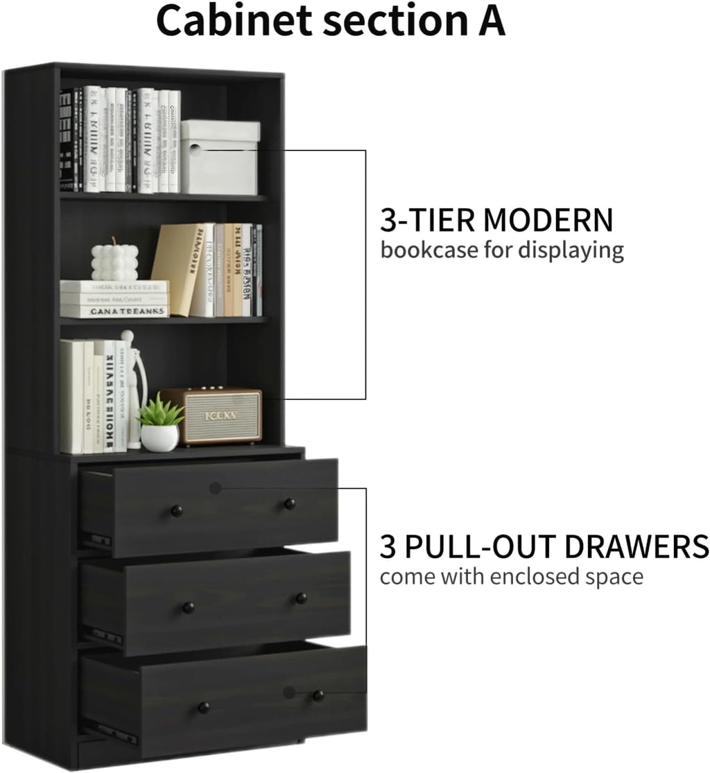 TUSY 71' H Bookshelf with Storage, 6-Tier Modern Bookshelves with 3 Large Drawer, Display Bookcase with Glass Doors, Modern 5-Tier Curio Cabinet for Home Office, Dining Room (Black, ABA)