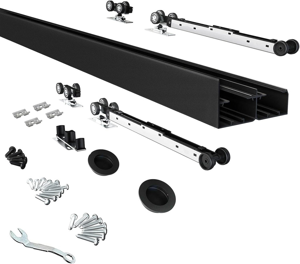 JUBEST 4FT/48 Heavy Duty Bypass Door Hardware with Soft Close Mechanism, Sturdy Closet Door Track for 2 Door System, Quietly and Smoothly, Fit Door Thickness 1 3/8' or 1 3/4', Easy to Install, Black