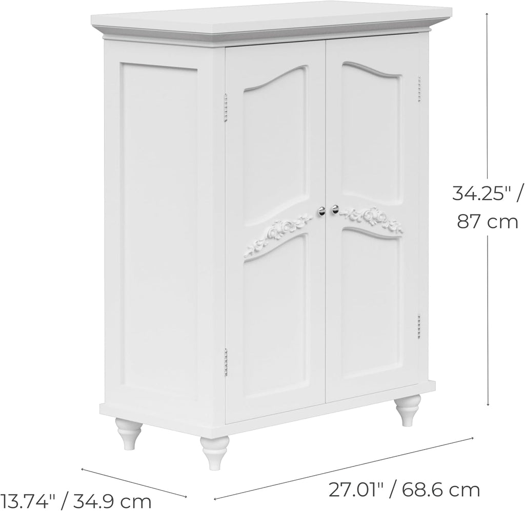 Teamson Home Versailles Wooden Freestanding Floor Storage Cabinet with 2 Adjustable Interior Shelves 3 Storage Spaces and 2 Floral Scroll Doors, White