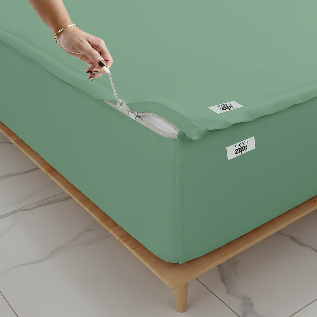 COTTON STICH 600 TC Zipper Fitted Sheet, 100% Egyptian Cotton, 18' Deep Pocket, Easy Zip Change, All-Around Secure Fit - King Size Bed - Emerald Green