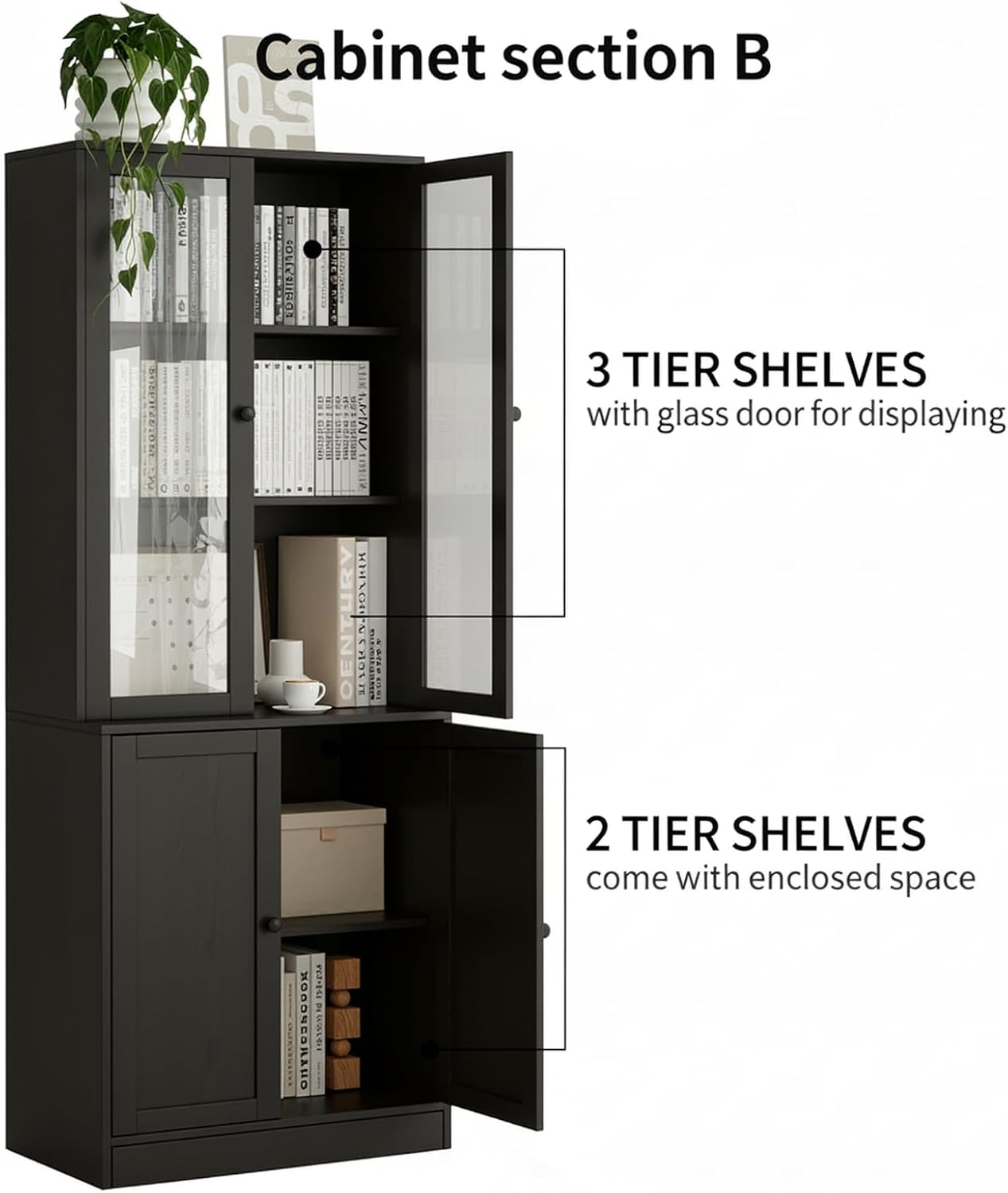 TUSY 71' H Bookshelf with Storage, 6-Tier Modern Bookshelves with 3 Large Drawer, Display Bookcase with Glass Doors, Modern 5-Tier Curio Cabinet for Home Office, Dining Room (Black, AB)