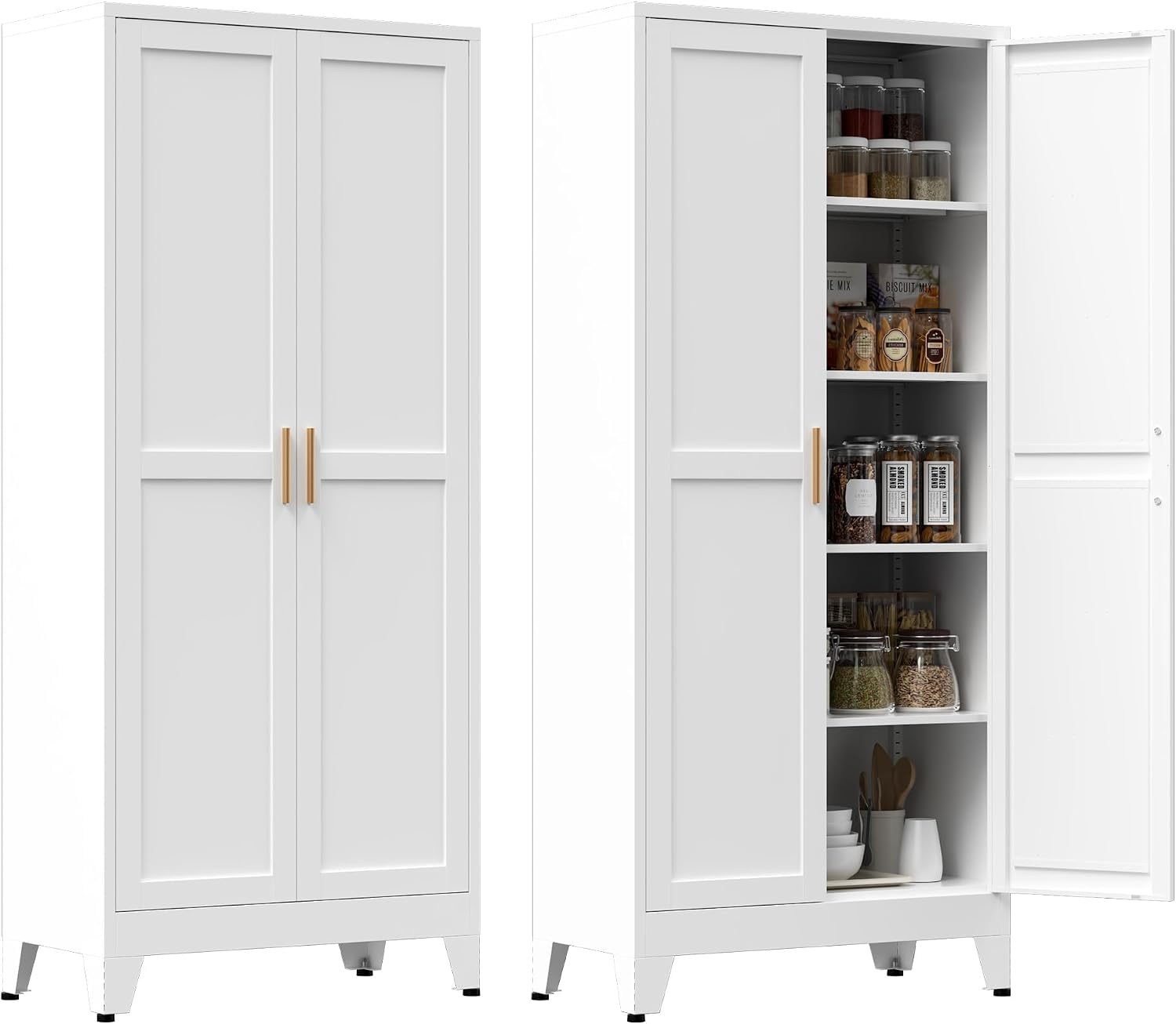 71' Tall Metal Kitchen Pantry Cabinet, Kitchen Storage Cabinets, Steel Cupboard with 2Doors and 4 Adjustable Shelves for Dining Room, Bathroom, Living Room