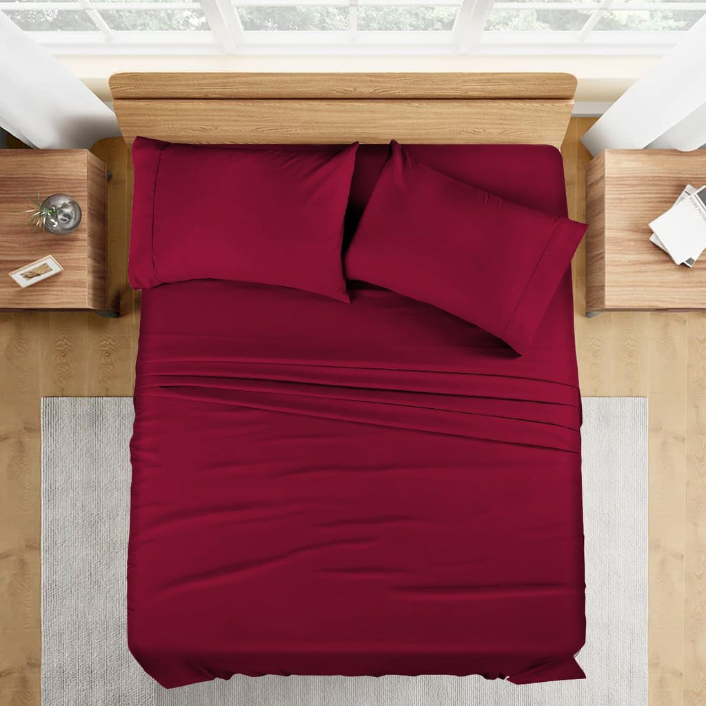 Luxury 1800 Thread Count Heavy Egyptian Cotton 4-PCs Sheet Set Fits Mattress 21-24'' Fully Elastic Deep Pocket (Queen Size) (Solid, Burgundy)