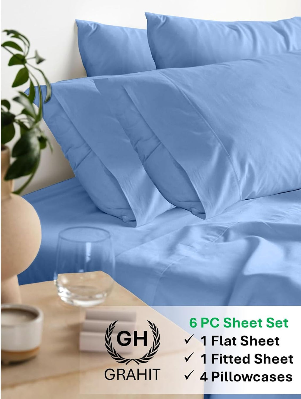 100% Egyptian Long Staple Cotton Bedsheet Set, 800 Thread Count, 6-PC Sheets Set, Sky Blue Color, Queen Size, 15 Inch Deep Pocket of Fitted Sheet, Soft Sateen Weave Breathable