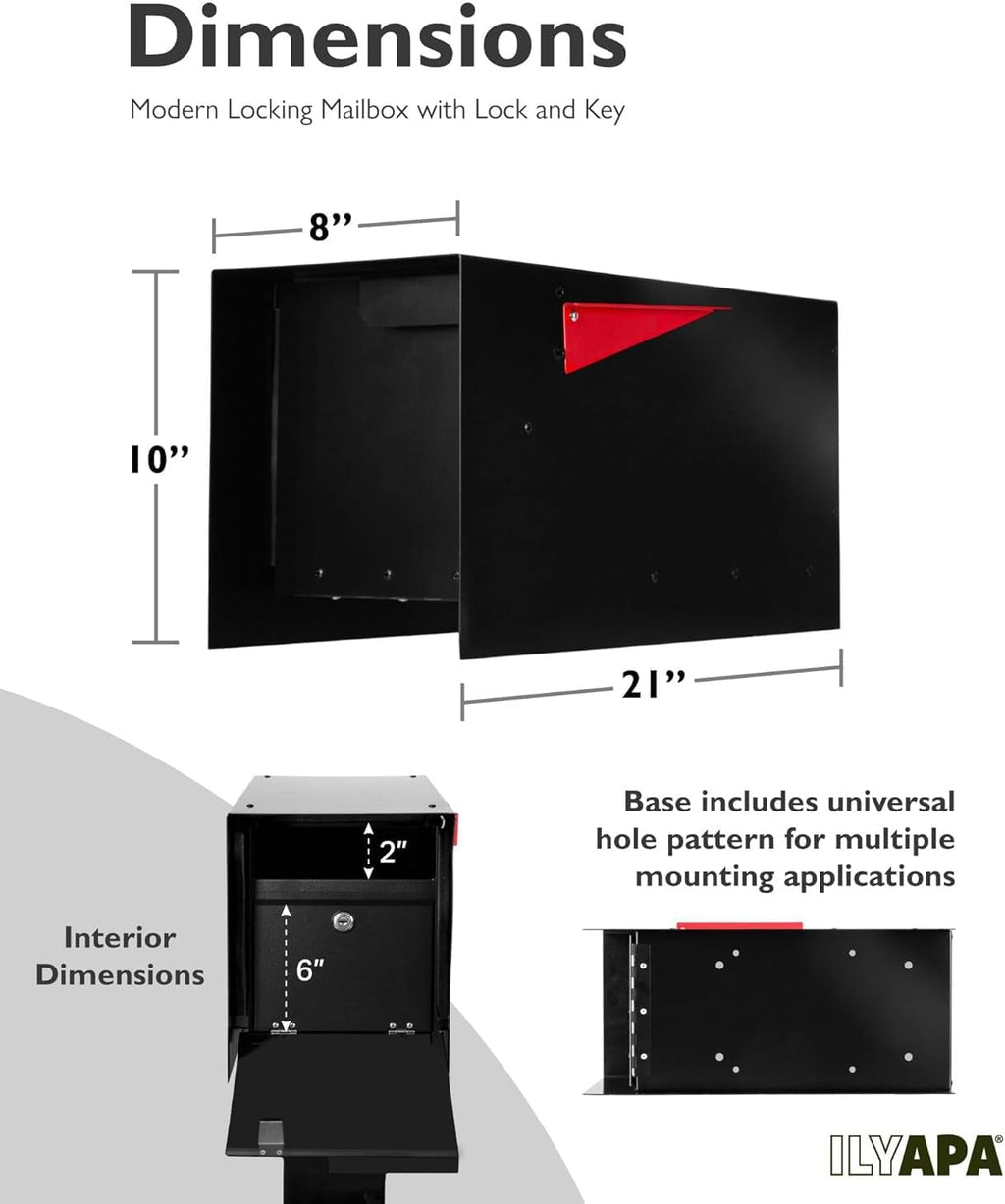 Ilyapa Locking Mailbox with Lock and Key Modern Mailboxes for Outside Post Mount - Black Powder Coated Steel, All Weather & Corrosion Resistant, Stainless Steel, Tab