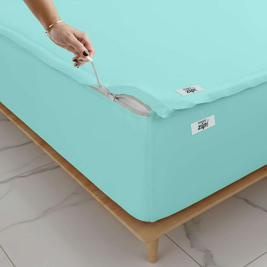 COTTON STICH 600 TC Zipper Fitted Sheet, 100% Egyptian Cotton, 18' Deep Pocket, Easy Zip Change, All-Around Secure Fit - Queen Size Bed - Aqua Blue