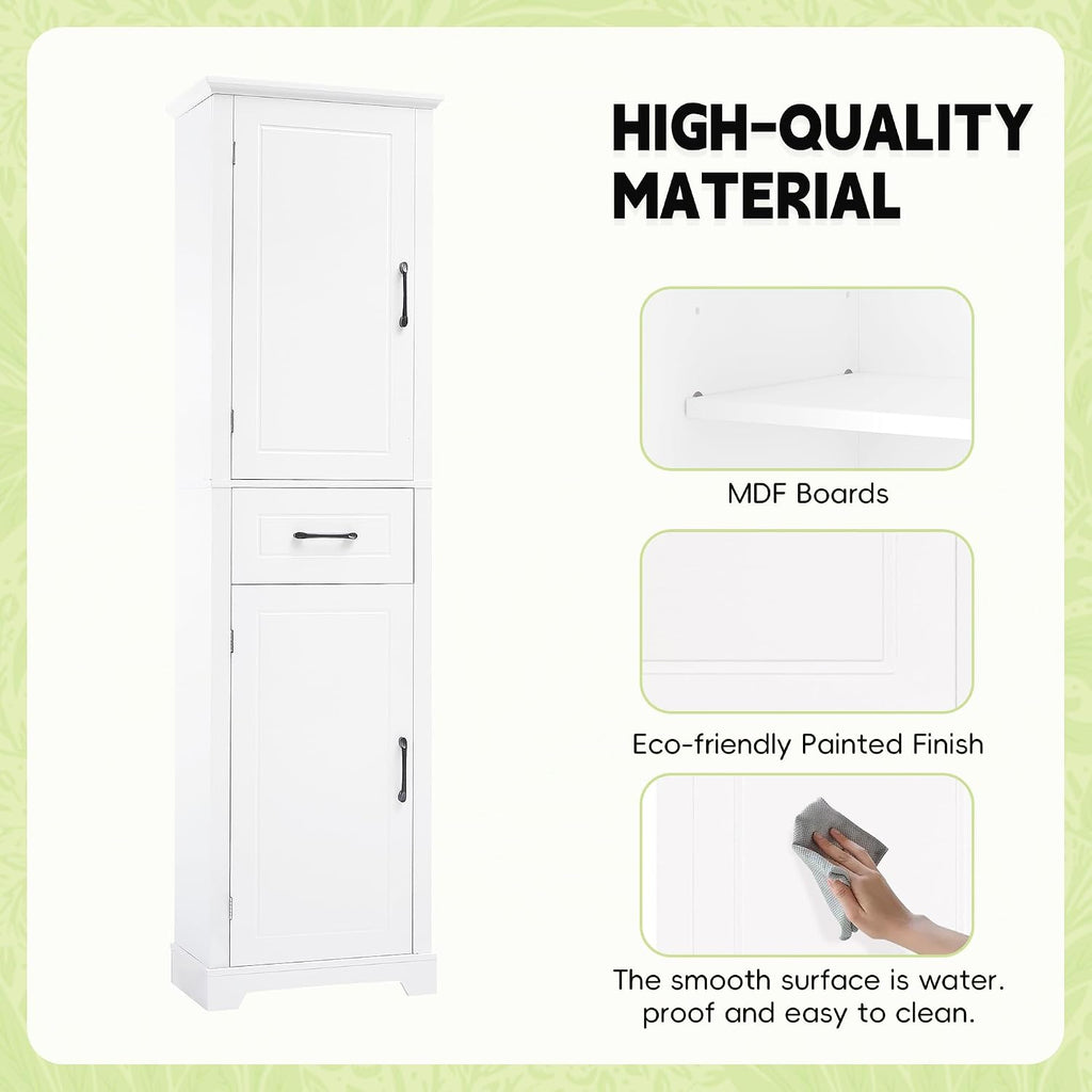 Tall Bathroom Storage Cabinet, Freestanding White Bathroom Accent Storage Cabinet with Built-in Door Shelf & Adjustable Shelves for Home Kitchen, Living Room (White Style4)