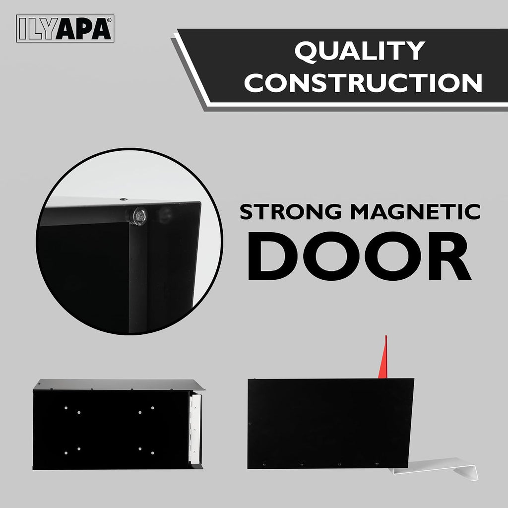 Ilyapa Modern Mailbox for Post Mount - Black with White Door Powder Coated Steel, Waterproof Letter Box for Parcels, with Recessed Magnetic Close Door