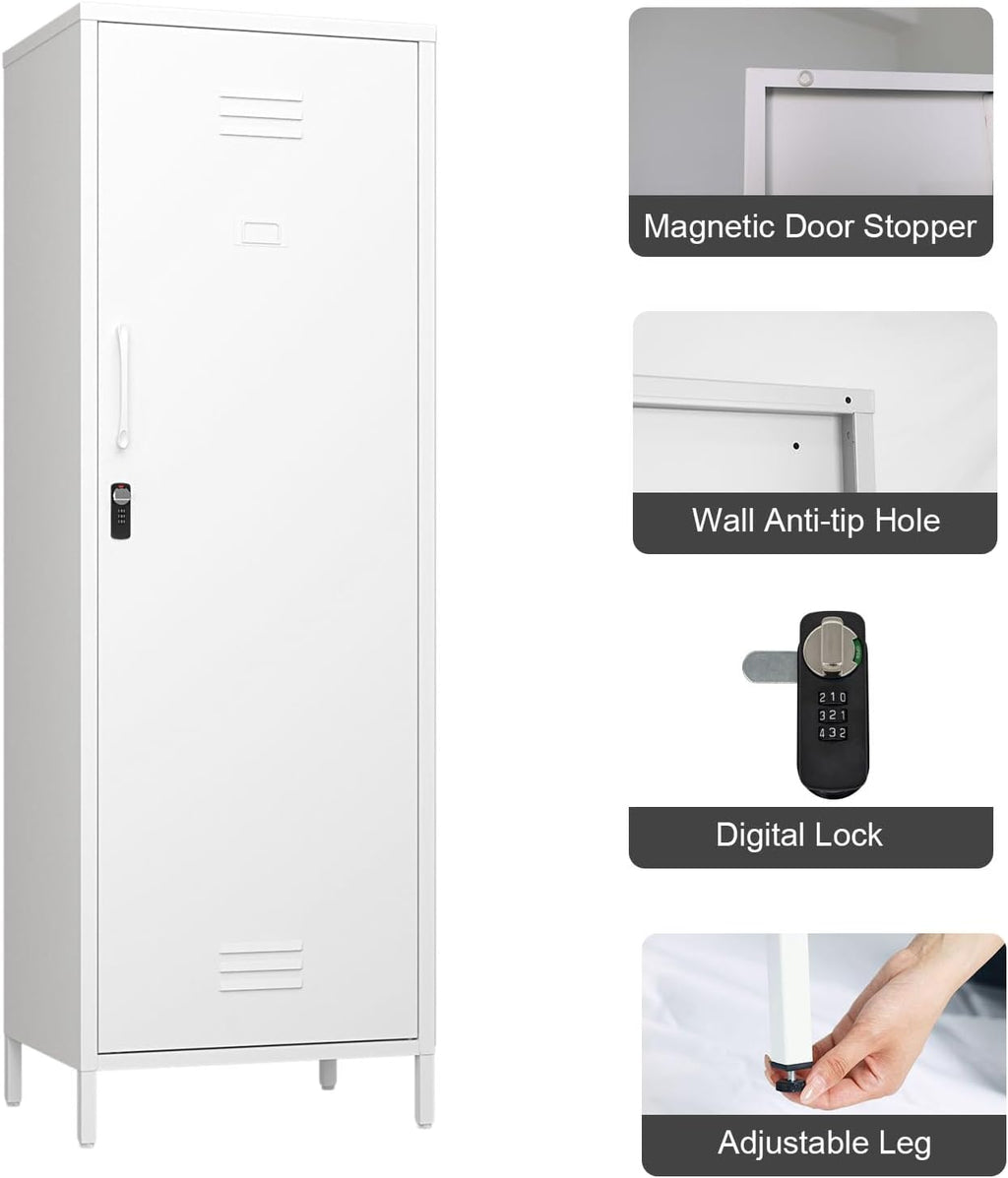 Steehoom Metal Locker Cabinet with Lock, Steel File Locker with Door and 3 Adjustable Narrow Storage Cabinet Shelves 59.06-inch high for School, Living Room, Bedroom, Office (White, H59.06'')