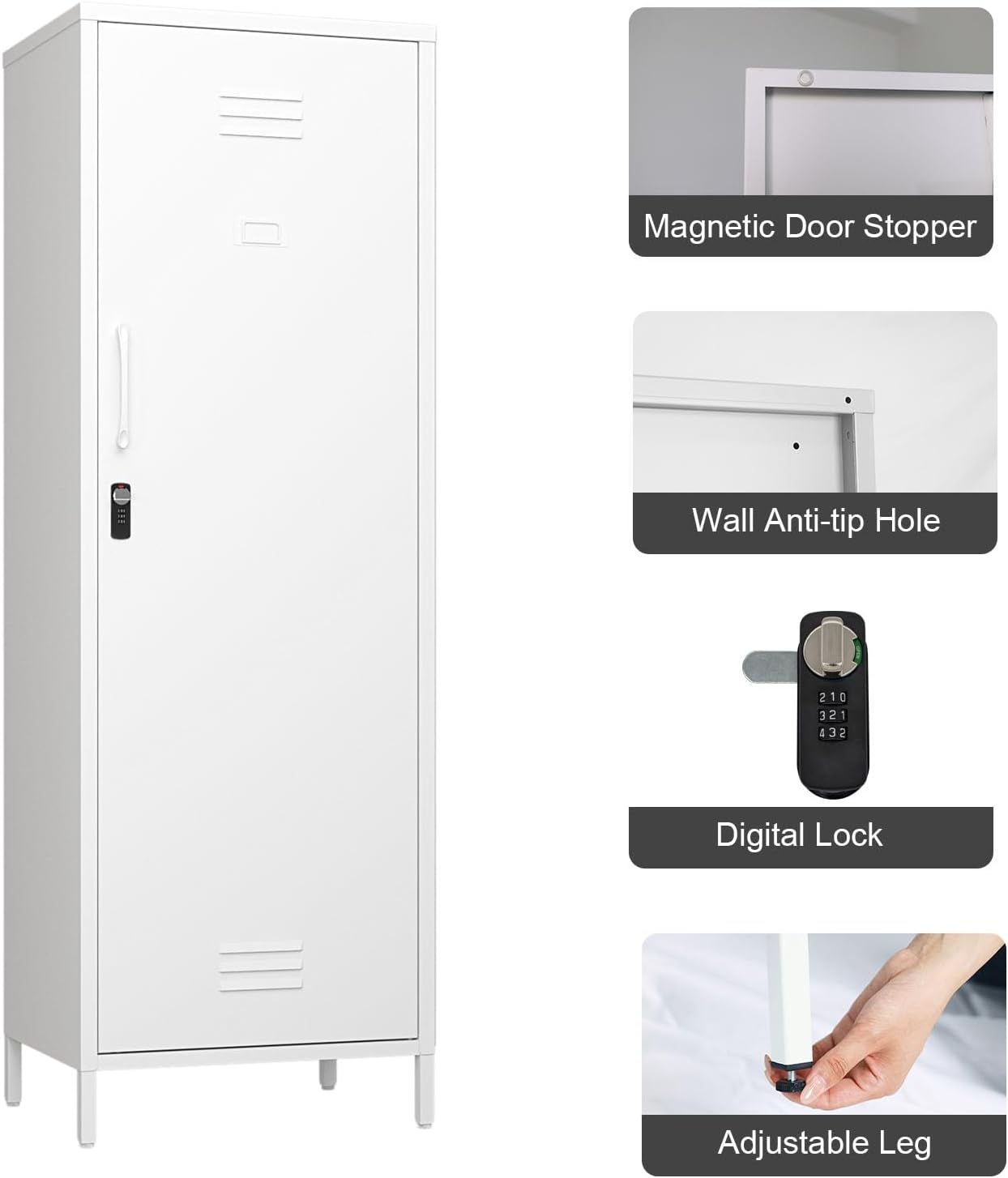 Steehoom Metal Locker Cabinet with Lock, Steel File Locker with Door and 3 Adjustable Narrow Storage Cabinet Shelves 59.06-inch high for School, Living Room, Bedroom, Office (White, H59.06'')
