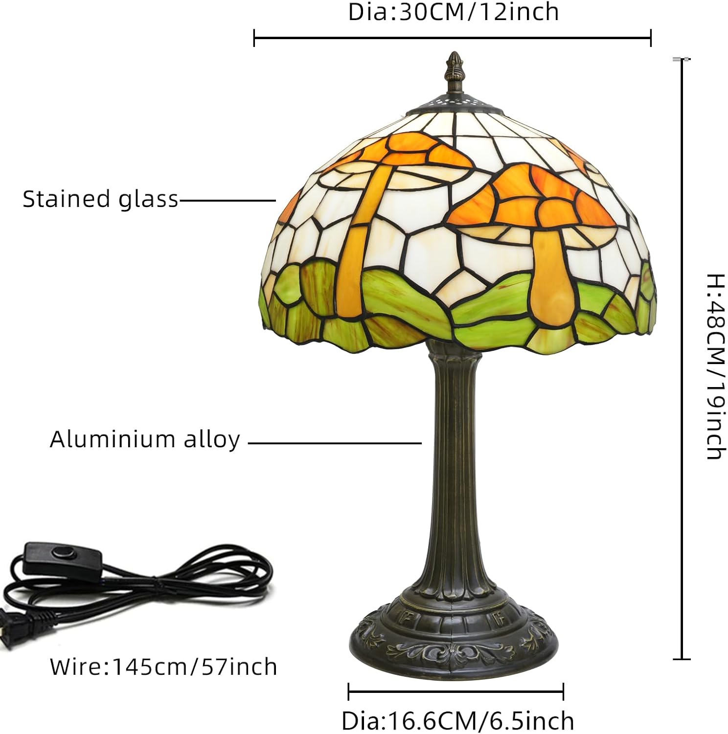 Tiffany Style Table Lamp with Brown Mushrooms Stained Glass Lamp 12 Inch Retro Bronze Base Bedside Lamp Living Rooms, Offices, Stores. Village Life Style Decorative Ambient Light Bedside Lamp