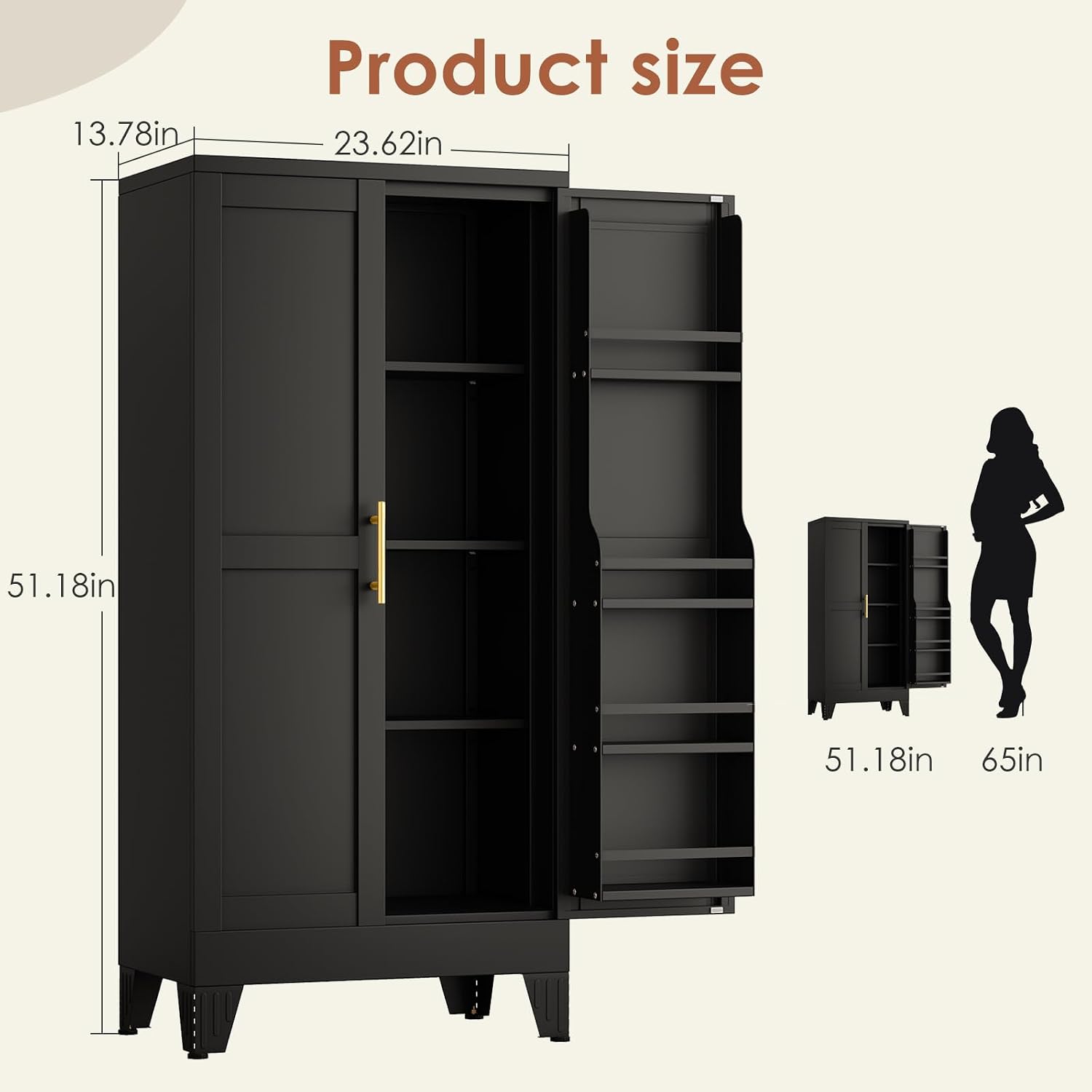 erosoei 51' H Metal Kitchen Pantry Storage Cabinet,Storage Cabinets with Doors and Adjustable Shelves,Freestanding Food Pantry Cabinet Cupboard for Living Room,Dinning Room (Black)
