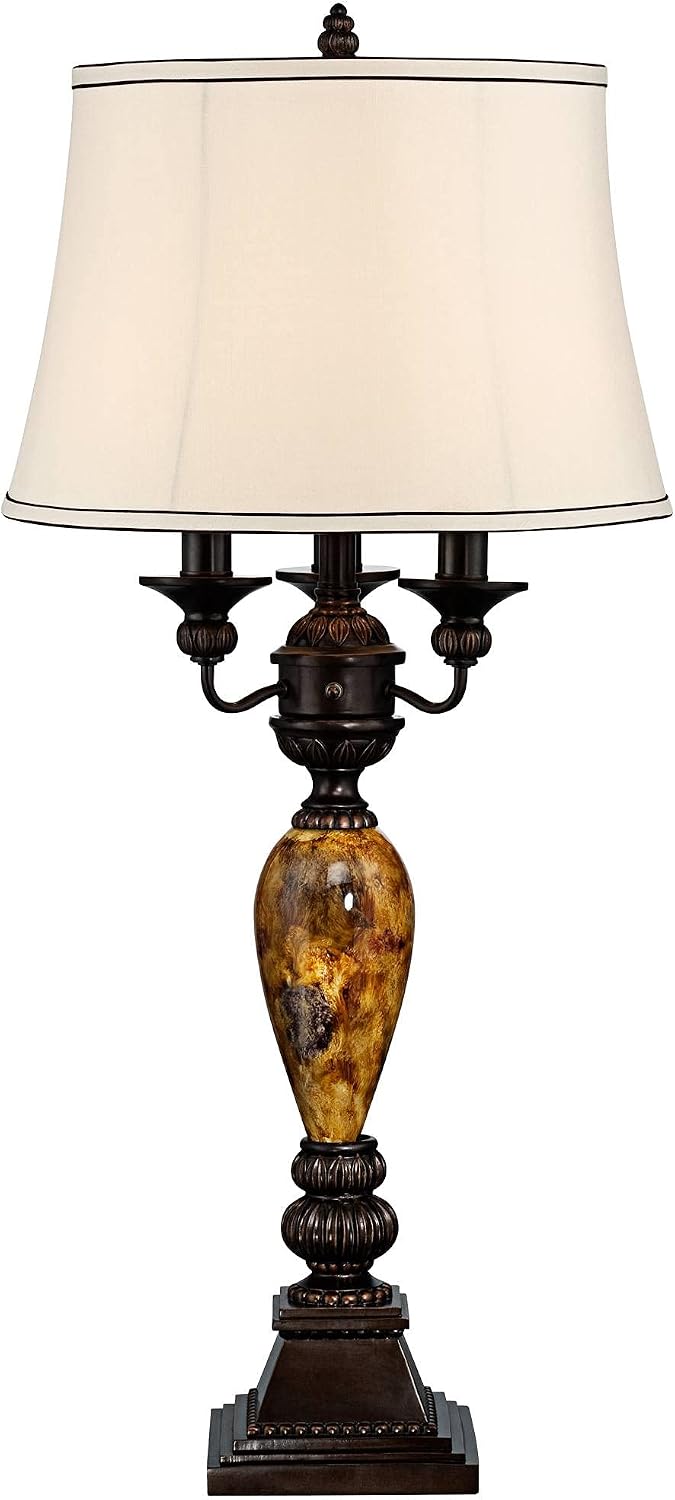 Kathy Ireland Mulholland Traditional Vintage Table Lamp 37' Tall Bronze Golden Marbleized White Bell Shade Decor for Living Room Bedroom House Bedside Nightstand Home Office Entryway Family