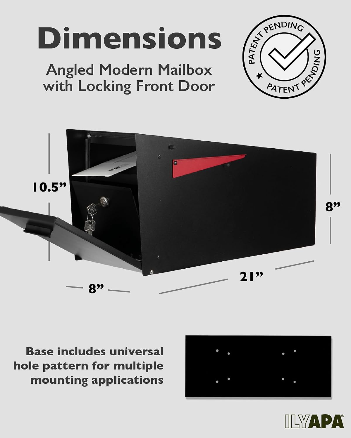 Ilyapa Locking Mailbox with Lock and Key Modern Mailboxes for Outside Post Mount - Black Powder Coated Steel, All Weather & Corrosion Resistant, Stainless Steel, Angled