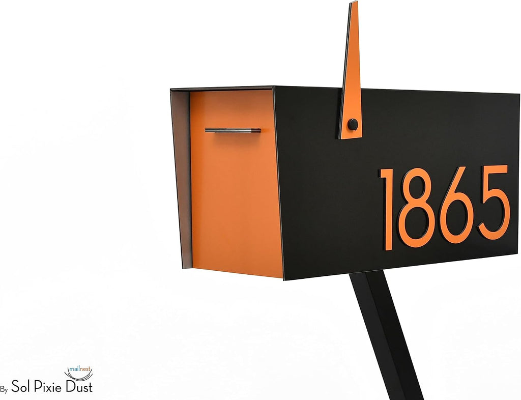 Contemporary Post-Mount Mailbox - Aluminum Black Body with Aluminum Door, Numbers and Flag - Large Customized Mailbox - Type 4 (Orange)