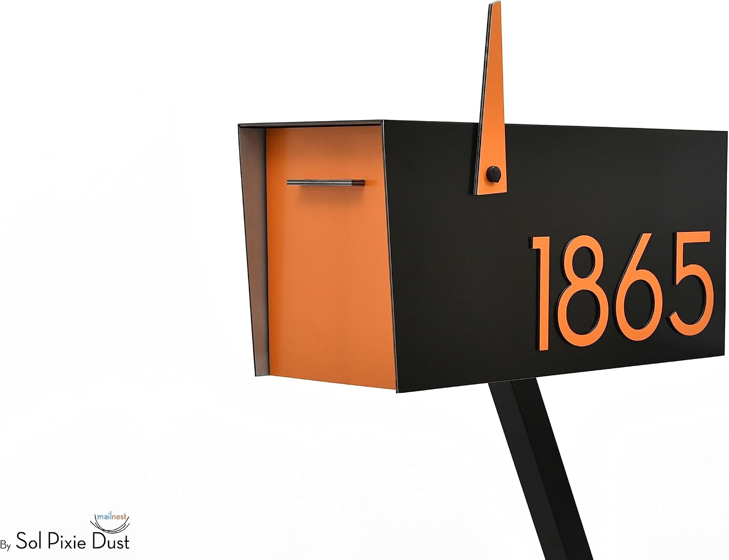 Contemporary Post-Mount Mailbox - Aluminum Black Body with Aluminum Door, Numbers and Flag - Large Customized Mailbox - Type 4 (Orange)