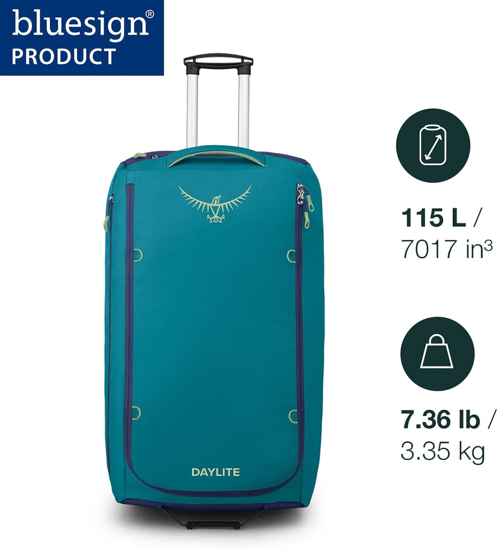 Osprey Daylite 115L Wheeled Collapsible Travel Duffel Bag - Lightweight Rolling Suitcase, Blue Spikemoss/Alkaline