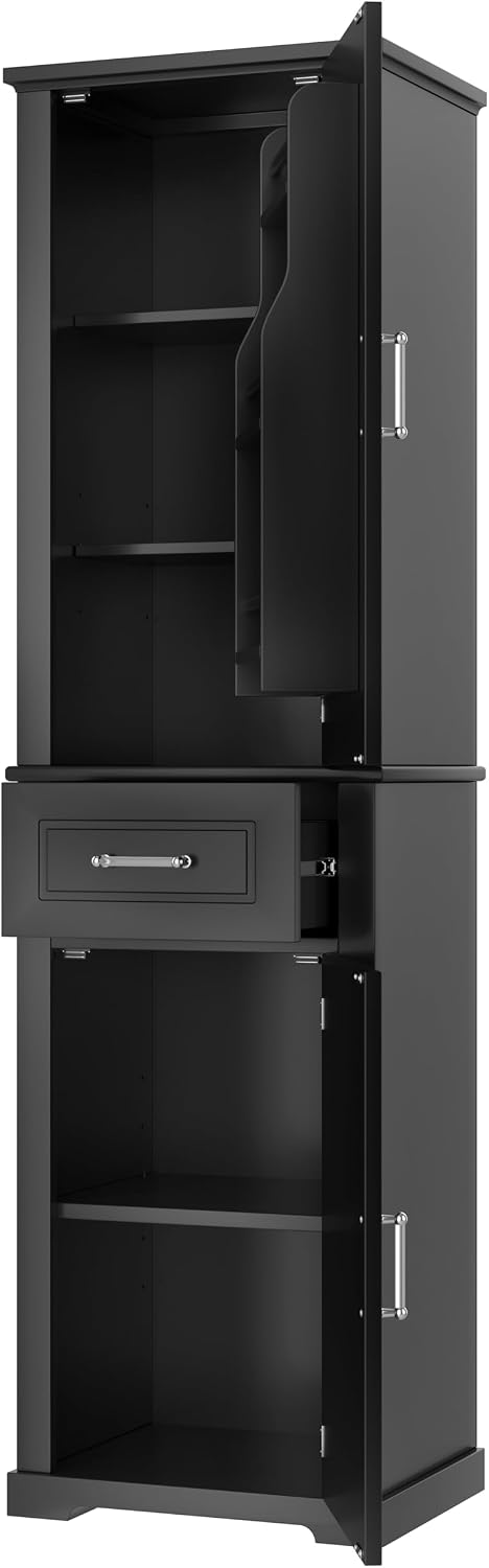 Tall Bathroom Storage Cabinet, Freestanding Bathroom Accent Storage Cabinet with Doors & Adjustable Shelves & Built-in Door Shelf for Home Kitchen, Living Room (Black Style3)