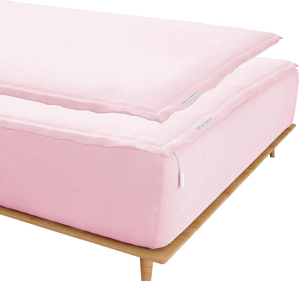 Zip On Sheets™ Zipper Fitted Sheet Queen Size - Upto 16' Inch Deep Pockets - Includes 1 Fitted Sheet Base & 2 Zip-On Sheets - Easy to Use, Sateen Cotton 500 TC Fitted Sheet - Baby Pink
