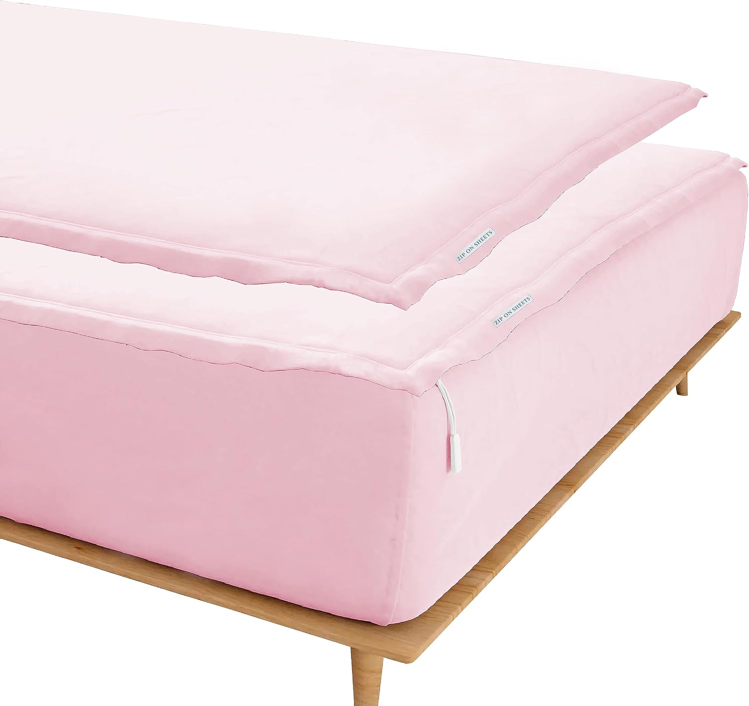Zip On Sheets™ Zipper Fitted Sheet Queen Size - Upto 16' Inch Deep Pockets - Includes 1 Fitted Sheet Base & 2 Zip-On Sheets - Easy to Use, Sateen Cotton 500 TC Fitted Sheet - Baby Pink