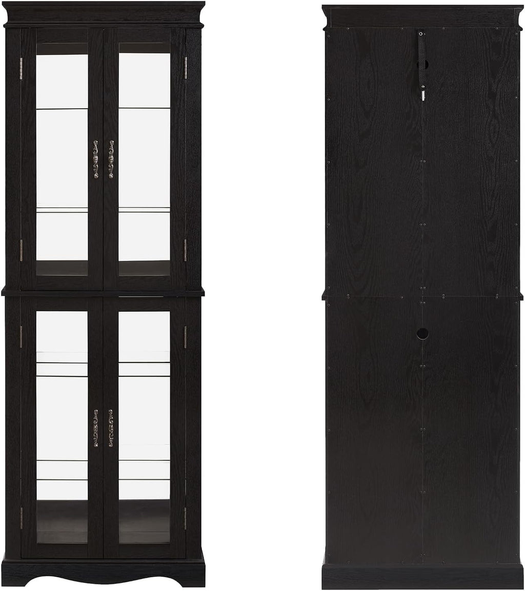 70'H Lighted Wooden Curio Cabinet, Freestanding Glass Display Case with Tempered Glass Door,Adjustable Shelves and Mirrored Back Panel, Decorative Storage Cabinet for Living Room,Office (Black)
