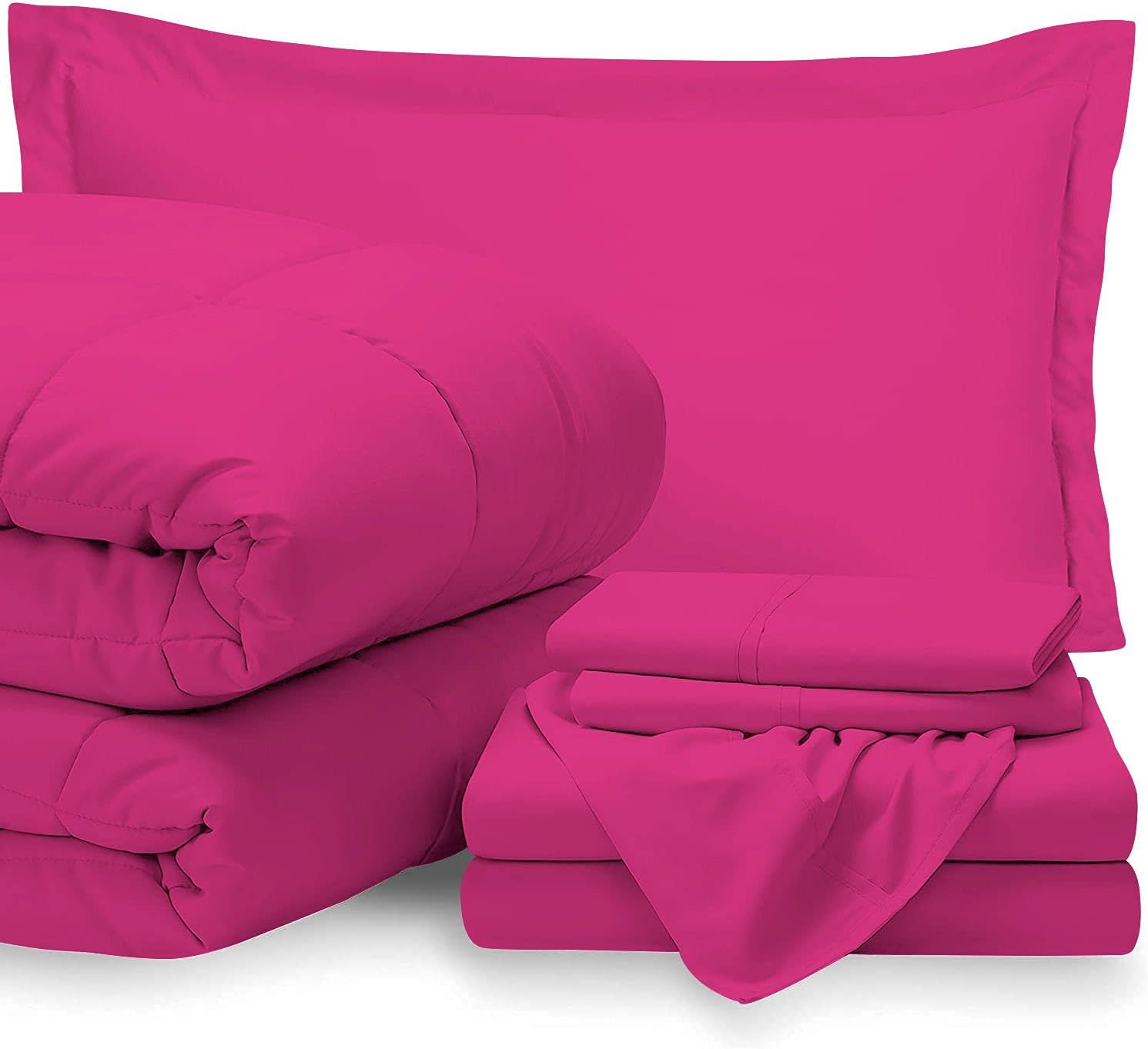 7 Piece Bed-in-A-Bag Comforter & Sheet Set 8-10' Deep Pocket, 100% Egyptian Cotton Queen Size, Hot Pink, Sets Include - 1Comforter, 1Flat Sheet,1Fitted Sheet, 2Pillowcase & 2Pillowsham