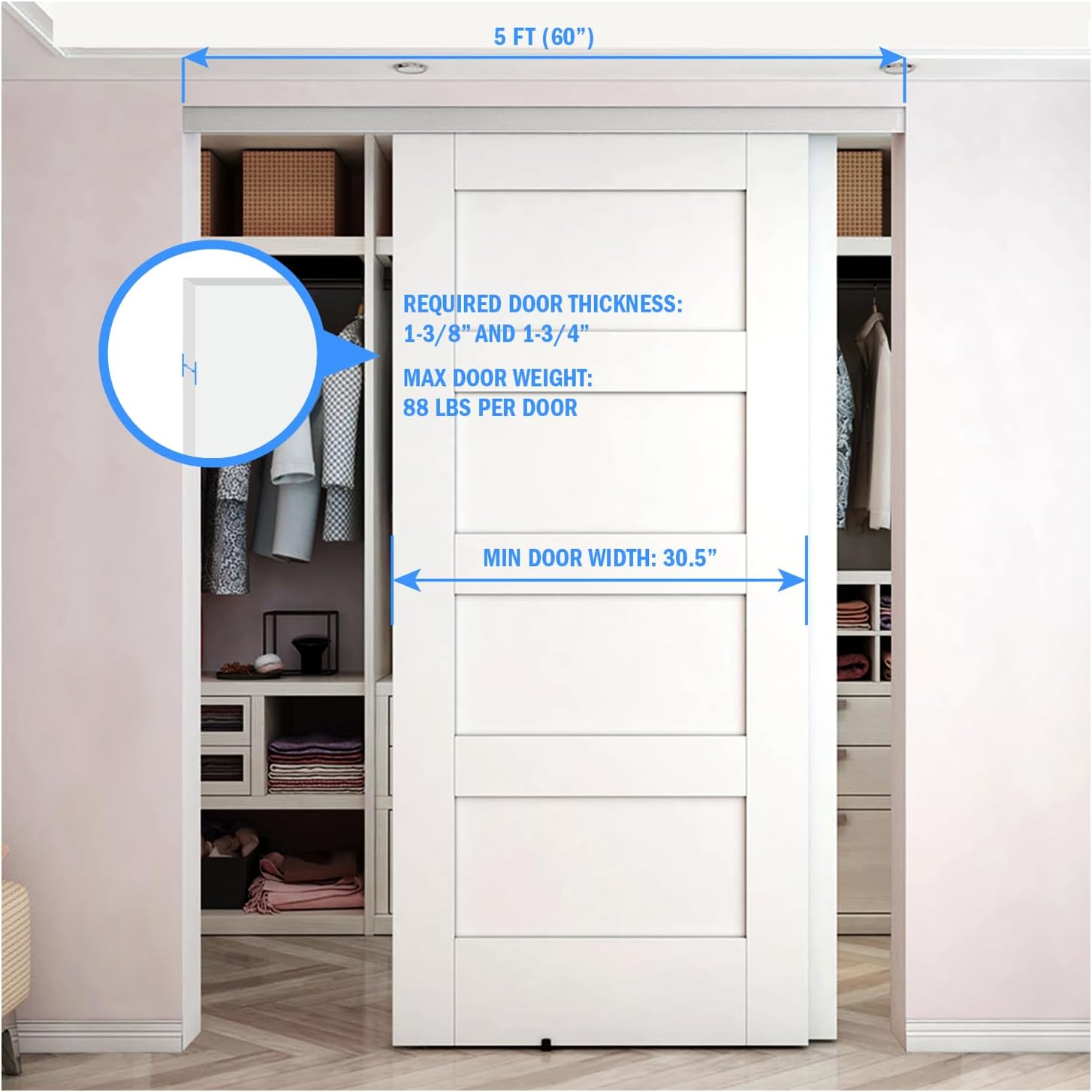 Nuk3y Bypass Sliding Door Hardware Soft Close with Finger Pulls (60'' Track, Aluminum)