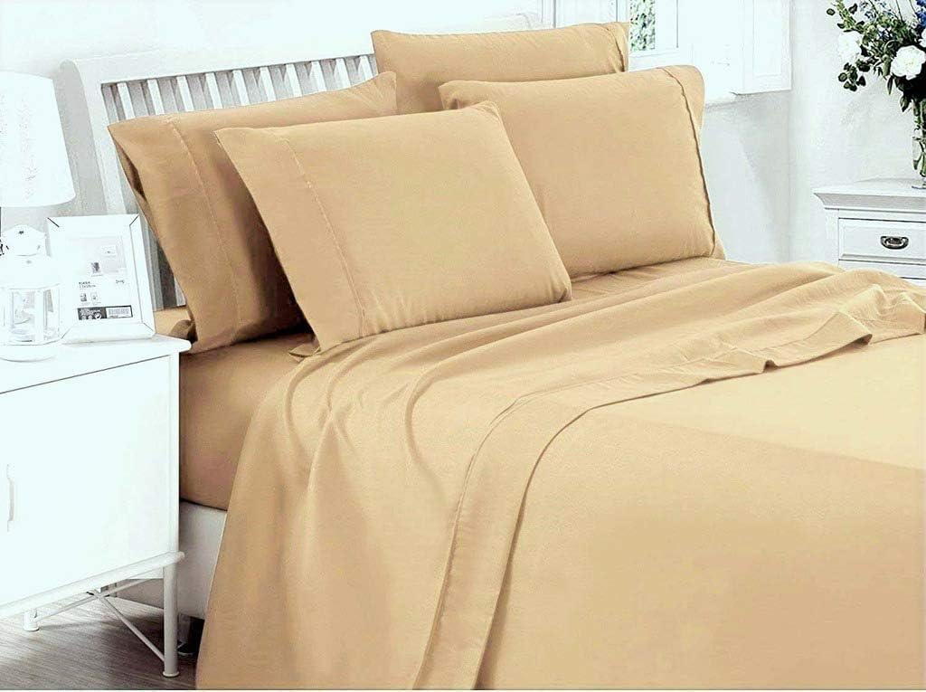 SHERA'S BEDDINGS 6- Piece Sheet Set Fits Mattress Upto 10-12 Inches Fully Elastic Deep Pocket Queen (60' X 80') Beige Solid 650 Thread Count 100% Egyptian Cotton