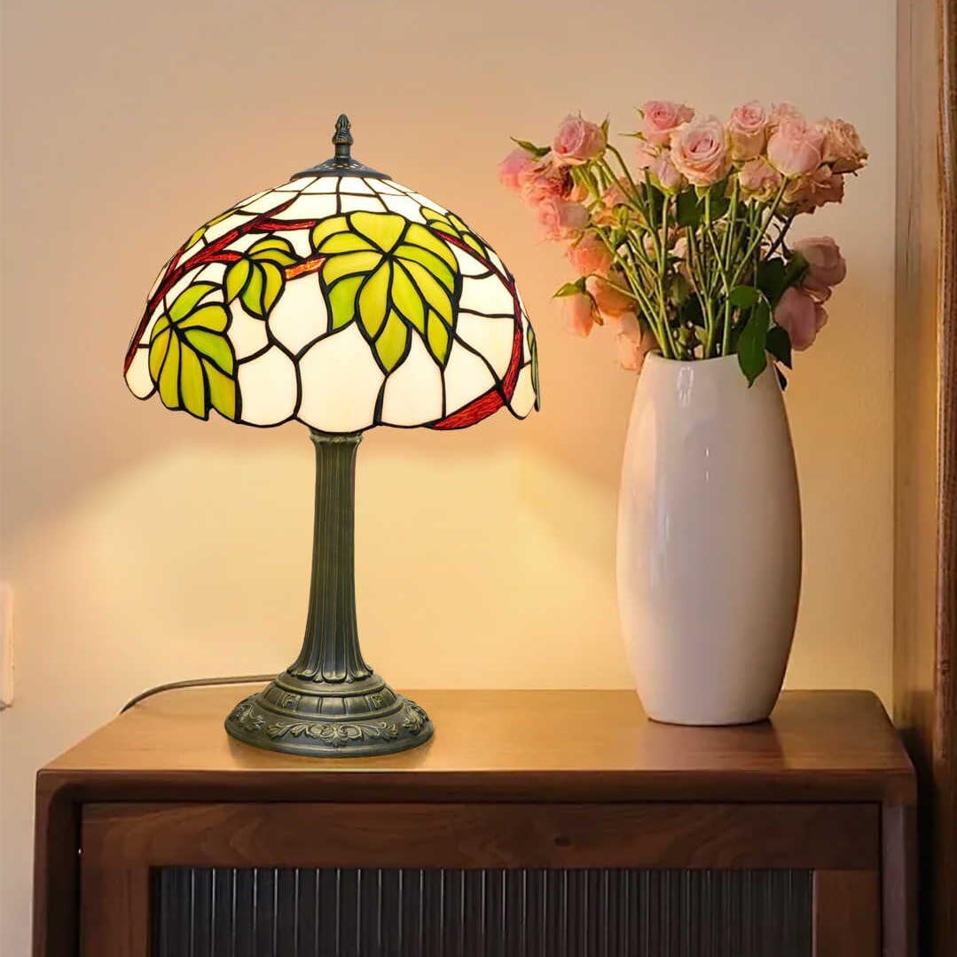 Tiffany Style Table lamp with Green Leaf Stained Glass lamp 12 Inch Retro Bronze Base Bedside Lamp Bedroom，Living Room, Bar, Restaurant Hotel French Countryside Style Decorative Ambient Light