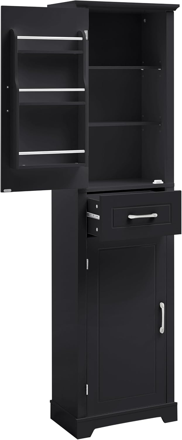 Tall Bathroom Storage Cabinet, Freestanding Bathroom Accent Storage Cabinet with Built-in Door Shelf & Adjustable Shelves, MDF Board with Painted Finish for Home Kitchen, Living room (Black Style4)