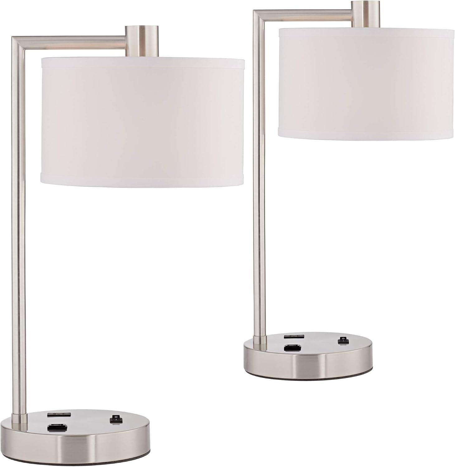 360 Lighting Colby Modern Desk Table Lamps 21' High Set of 2 with Hotel Style USB and AC Power Outlet in Base Brushed Nickel White Linen Shade for Living Room Bedroom Bedside Home Office