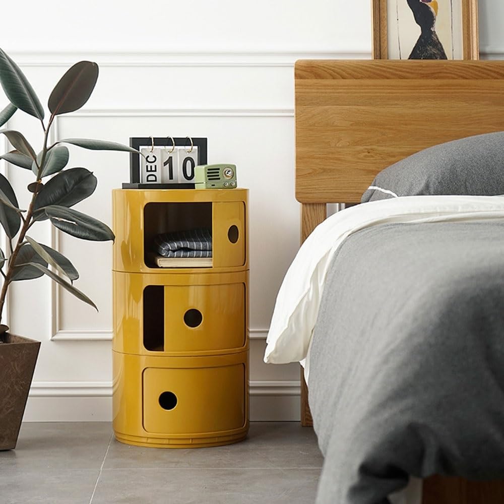 Round Nightstand with Drawers, Round Bedside Table 2/3/4 Tier Plastic Nightstand Storage, RoundStorage Cabinet with Sliding Door, Modern End Table Side Table, for Living Room, Bedroom, Bathroom