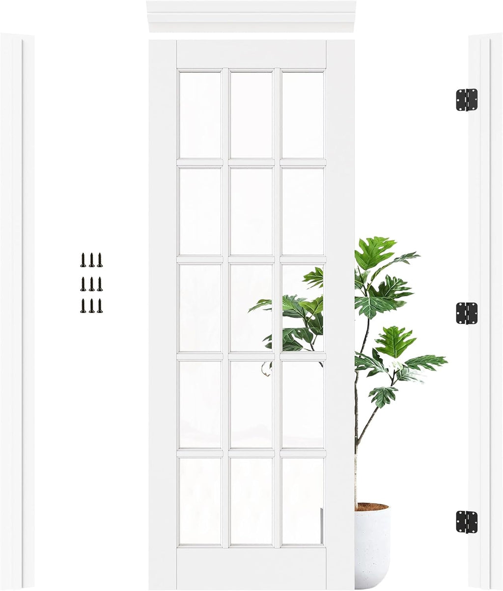 30' x 80' Prehung Door 15-Lite Tempered Clear Glass Slab Doors with Jamb Kit, Solid Core MDF Interior Door for Bathroom Pantry Laundry, Home Doors, Easy Assemble - Right Handed