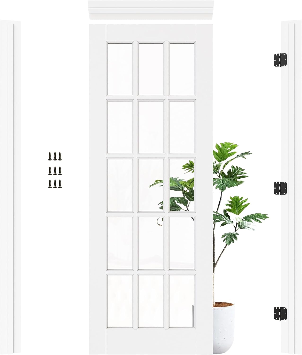 30' x 80' Prehung Door 15-Lite Tempered Clear Glass Slab Doors with Jamb Kit, Solid Core MDF Interior Door for Bathroom Pantry Laundry, Home Doors, Easy Assemble - Right Handed