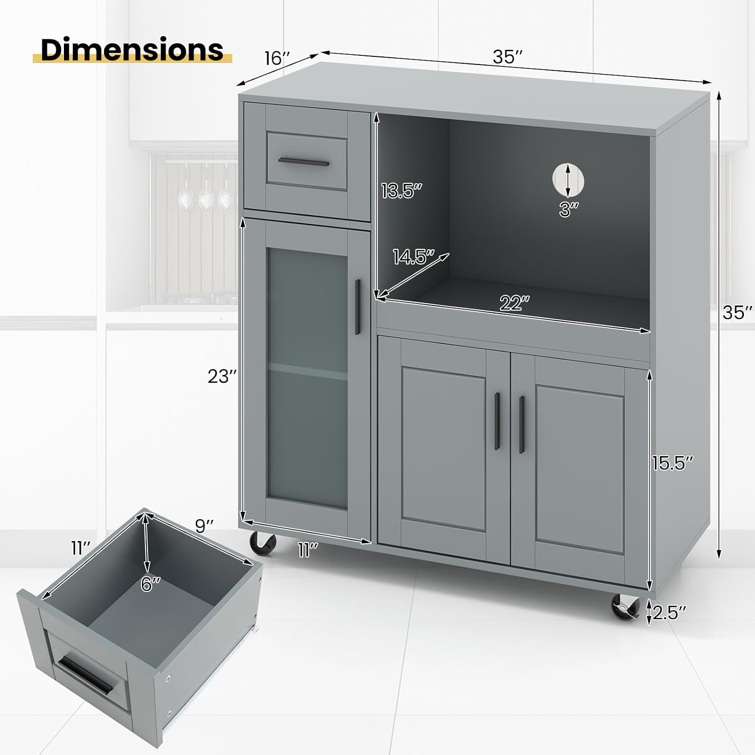 GOFLAME Rolling Kitchen Island Cart on Wheels, Mobile Kitchen Cart with Drawer, Open Shelf and Glass Door Cabinet, Microwave Stand Cart, Portable Kitchen Island for Kitchen, Dining Room, Grey