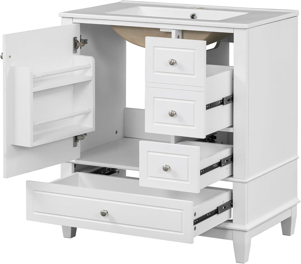 30 Inch White Bathroom Vanity with Sink,Modern Bathroom Sink Cabinet 30 Inch,Drop-in with Integrated Countertop,Storage Door Organizer & 3 Drawers,Soft Closing,Solid Wood Frame