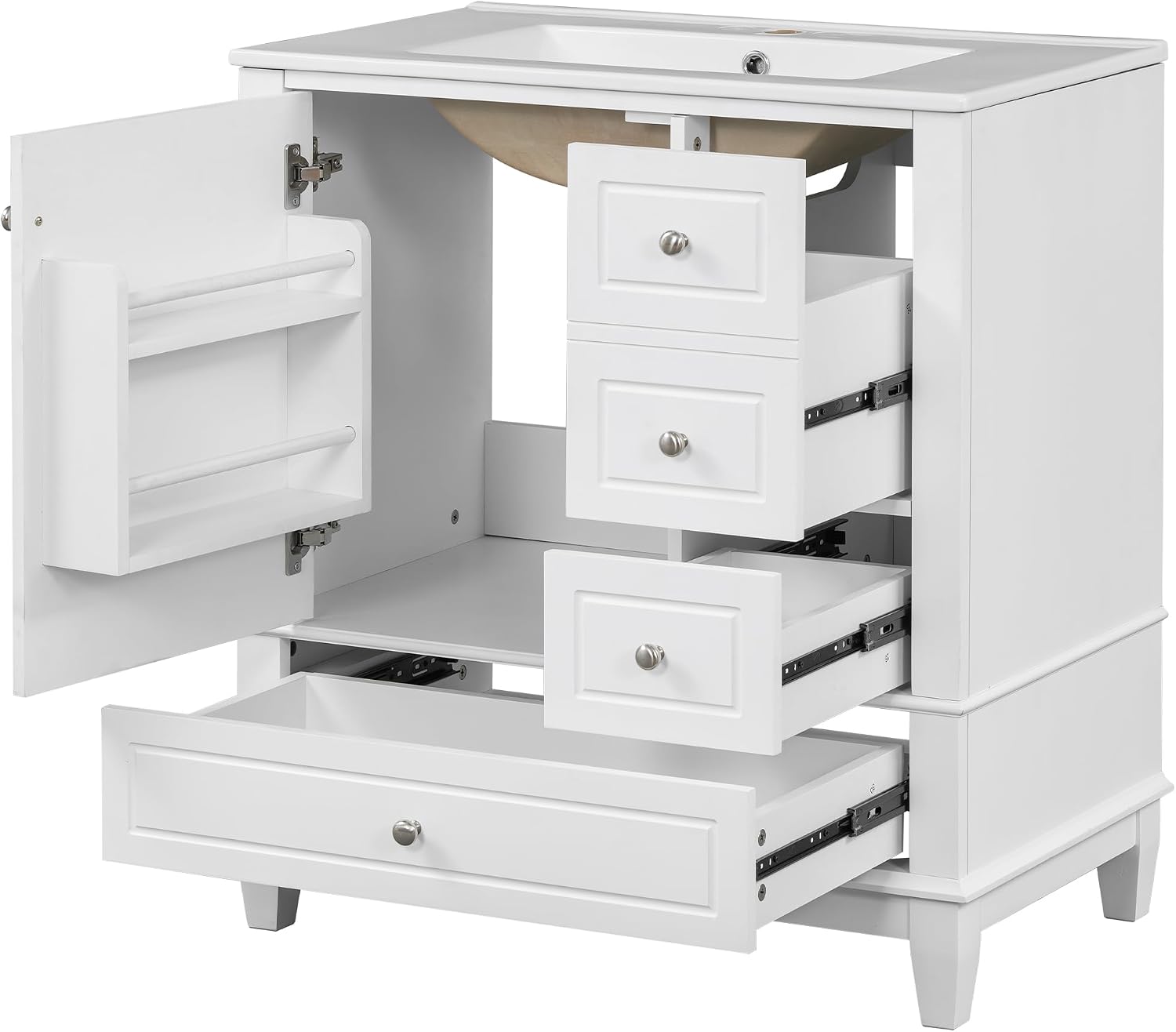 30 Inch White Bathroom Vanity with Sink,Modern Bathroom Sink Cabinet 30 Inch,Drop-in with Integrated Countertop,Storage Door Organizer & 3 Drawers,Soft Closing,Solid Wood Frame